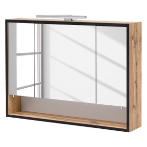 Max dulap baie oglinda LED, 80x66x16 cm, 3 usi oglinda, 3 rafturi sticla, PAL stejar country/negru, manere argintii - Verificat A · Re-Bloom