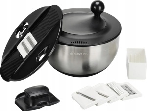 Navaris bol multifunctional cu centrifuga salata, otel inoxidabil 304, 5 discuri interschimbabile razuit/feliat, strecuratoare plastic, baza silicon antiderapanta, argintiu/negru - Verificat A · Re-Bloom - Img 2