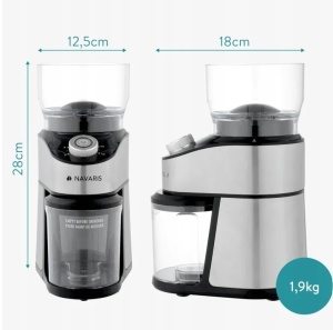 Navaris rasnita electrica cafea cu bavura conica, ABS/otel inoxidabil, 18x12.5x28 cm, discuri slefuit inox, argintiu/negru - Verificat A · Re-Bloom - Img 2
