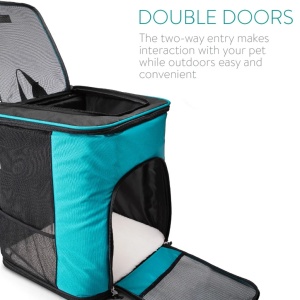 Navaris rucsac transport animale pliabil, poliester, 41x34.5x43 cm, 1.8 kg, pana la 12 kg, 2 intrari, ferestre ventilatie, perna interioara, gri/turcoaz - Verificat A · Re-Bloom - Img 6