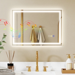 Oglinda baie anti-aburire cu LED reglabil, difuzor Bluetooth, butoane tactile, IP44, sticla securizata, 70x50cm, Argintiu - Verificat A · Re-Bloom - Img 2