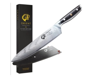 Orient Origin Series cutit profesional bucatar Damasc, otel japonez AUS-10 61HRC, 23cm, 67 straturi otel Damasc, unghi 7-13°, maner G10, negru - Verificat A · Re-Bloom - Img 1