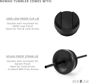Pahar din otel inoxidabil IRON °FLASK, cu pai si 2 capace, izolat, rece 20 ore / cald 5 ore, negru, 830 ml - Img 3