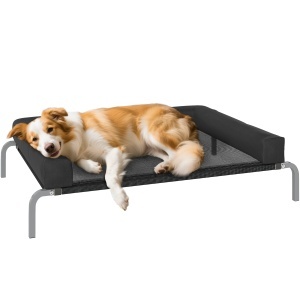 Pat ridicat pentru caini cu perna U, Oxford/Textiline/bumbac PP/otel, 110x75x30 cm, suprafata 94x75cm, inaltime picioare 19.5cm, perna 10cm, negru/argintiu - Verificat A · Re-Bloom