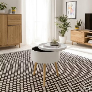Perzee masuta laterala rotunda 38x49 cm, blat detasabil spatiu depozitare, MDF lacuit, picioare pin masiv, alb/pin - Verificat A · Re-Bloom - Img 3