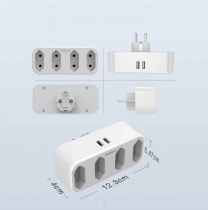 Priza europeana de perete Tessan, cu 4 prize plate si 2 porturi USB, ABS, alb, 12,3 x 5,5 x 7,8 cm - Img 2