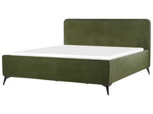 Produs Resigilat Pat matrimonial Re-Bloom Valones, 180x200 cm, textil/placaj/fier/eucalipt, somiera 16 lamele, tablie 192x109 cm, 450 kg, verde inchis - Verificat A