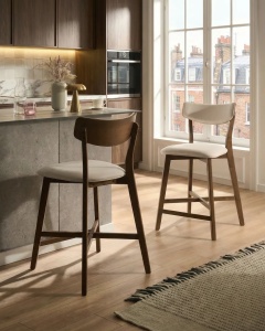 Produs Resigilat Set 2 scaune de bar Re-Bloom Yuma, lemn cauciuc/MDF/textil, 50x54x93 cm, spuma, 110 kg, alb/maro inchis - Verificat A - Img 2