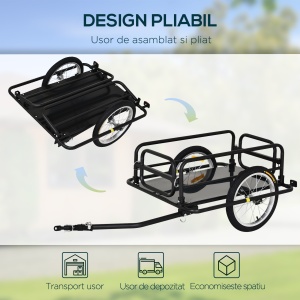 Remorca pentru bicicleta cu pereti pliabili, otel/PE 2mm, 139x71.5x49 cm, suprafata incarcare 71x42x25 cm, roti 16", carlig + 4 reflectoare, capacitate 40kg, 11kg, negru - Verificat A · Re-Bloom - Img 5