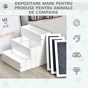 Scara din lemn cu 3 trepte pentru animale Re-Bloom, lemn pin/covor panza, 44.5x40.5x38 cm, 30 kg, alb - Verificat A · Re-Bloom - Img 5