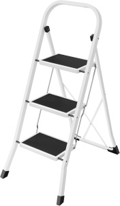 Scara pliabila Songmics, 3 trepte, otel, alb/negru, 46,5 x 74,5 x 117 cm, Resigilat, Grad A