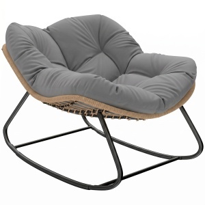 Scaun balansoar de terasa, metal/ratan sintetic/poliester, 97x107x79 cm, sezut 60x60cm/inaltime 40cm, perna 136x128x10cm inclusa, capacitate 120kg, lemn natural/gri - Verificat A · Re-Bloom