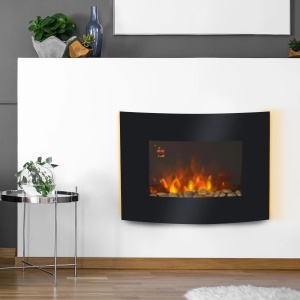 Semineu electric perete 65x11.4x52 cm, 900-1800W, flacara LED 7 culori, telecomanda, metal/sticla securizata, negru - Verificat A · Re-Bloom - Img 2