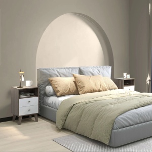 Set 2 noptiere dormitor 40x34x64 cm, 2 sertare + compartiment, sina metalica, MDF, gri/alb/auriu - Verificat A · Re-Bloom - Img 2