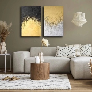 Set 2 tablouri decorative canvas, 2x45x70 cm, panza 100% 2.8mm, cadru lemn pin 100%, dimensiune totala 95x70 cm, alb/auriu/negru - Verificat A · Re-Bloom - Img 2