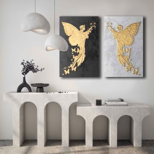 Set 2 tablouri decorative Re-Bloom, model ingeri, lemn masiv/panza, gri/negru/auriu, 45 x 70 cm - Img 2