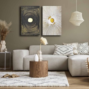 Set 2 tablouri decorative Re-Bloom, panza/lemn, alb/negru/auriu, 45 x 70 cm - Img 4