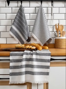 Set 3 prosoape de bucatarie, 65% bumbac/35% poliester, 45x65 cm, lavabil 40°C, gri/alb - Verificat A · Re-Bloom