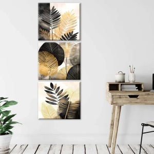 Set 3 tablouri decorative canvas, 3x30x30 cm, panza/lemn, negru/auriu - Verificat A · Re-Bloom - Img 2