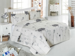 Set cuvertura matlasata + 2 fete de perna, 65% bumbac/35% poliester, 240x220 cm + 2x60x60 cm, umplutura fibra 100%, 260g/m², bej/gri - Verificat A · Re-Bloom