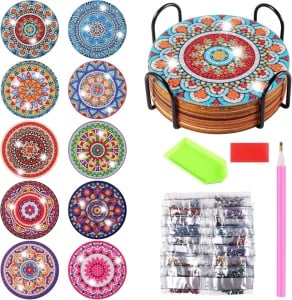 Set de 10 coastere cu suport si accesorii Foonii, lemn/acril, multicolor, 10 cm