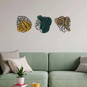 Set decoratiuni de perete Re-Bloom, 3 piese, model frunze, metal/lemn, multicolor - Img 4