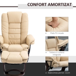 Set fotoliu relax rotativ 360° reclinabil + pouf, piele PU, tetiera, Bej - Verificat A · Re-Bloom - Img 5
