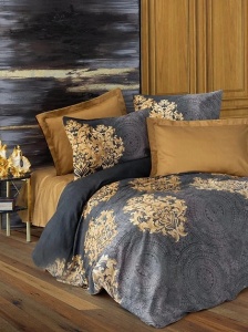 Set husa pilota + fata de perna, satin bumbac 100%, 135x200 cm + 80x80 cm, gri/auriu - Verificat A · Re-Bloom