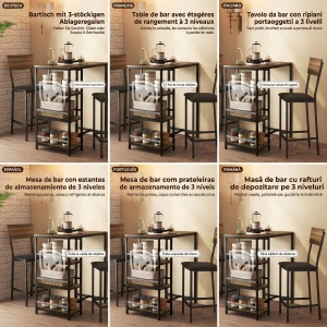 Set masa de bar cu 3 rafturi si 2 scaune Re-Bloom, otel/MDF/piele PU/spuma, masa 90x50x90.5 cm + 2 scaune 40x46x97 cm, suport picioare, 80/130 kg, nuc/negru - Verificat A · Re-Bloom - Img 6