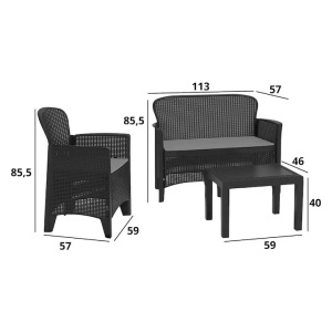 Set mobilier gradina/terasa, JUNGLE, 4 piese, polipropilena, antracit, canapea 2 locuri 113x57x57.5 cm, 2 scaune 59x57x85.5 cm, masa 59x46x40 cm, cu perne incluse, Resigilat, Grad A - Img 3
