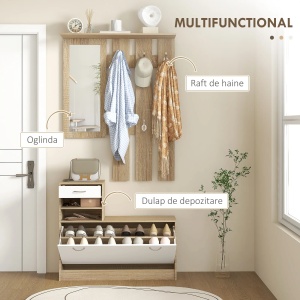 Set mobilier hol Re-Bloom, PAL, cuier 90x10x91 cm + raft pantofi 90x24x75 cm + oglinda 25x70 cm + 2 rafturi reglabile, 10/30 kg, alb/stejar - Verificat A · Re-Bloom - Img 6