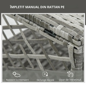 Set sezlong rattan PE cu masuta de cafea, otel/rattan PE/poliester, sezlong 74x192x31-88cm + masuta 45x45x42cm, spatar 5 niveluri, 2 roti, blat sticla calita, perna cu husa lavabila, capacitate 160kg, gri/crem - Verificat A · Re-Bloom - Img 6