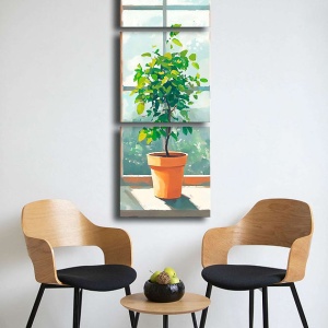 Set tablou decorativ Re-Bloom, 3 piese, model copacel in ghiveci, panza/lemn, multicolor, 45 x 141 cm