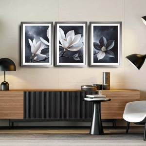 Set tablou decorativ Re-Bloom, 3 piese, model floral, MDF/lemn, gri/alb, 38 x 53 cm - Img 5