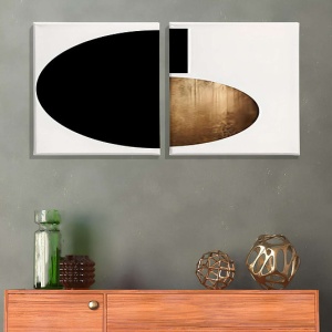 Set tablou decorativ Re-Bloom, 3 piese, panza/lemn, alb/negru/auriu, 50 x 50 cm - Img 2