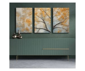 Set tablou decorativ Re-Bloom, 3 piese (Triptic), lemn masiv & pânză bumbac, gri/galben-auriu, 145 × 70 cm (Verificat Grad A)
