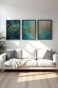 Set tablouri decorative Re-Bloom, 3 piese, MDF/lemn masiv, albastru/auriu, 50 x 70 cm - Img 3