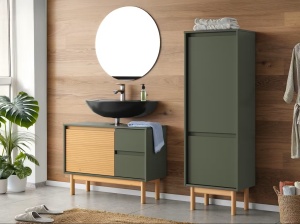 Stady dulap pentru lavoar 83x62x35 cm, 1 usa, 2 sertare, lemn masiv pin lacuit, verde/natur - Verificat A · Re-Bloom - Img 2