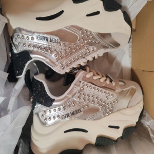 Steve Madden, Pantofi sport cu garnituri de piele intoarsa, Argintiu, 37, Resigilat, Grad A - Img 2