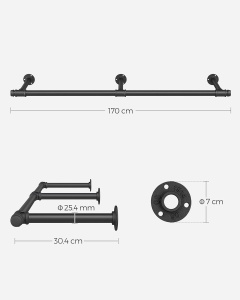 Suport de perete pentru haine Songmics, otel, negru, 30,4 x 170 cm, Resigilat, Grad A - Img 2