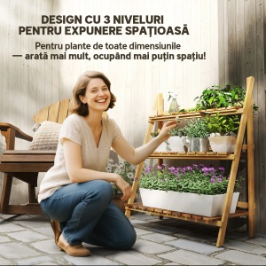 Suport pliabil pentru plante cu 3 niveluri, lemn de brad, 80x37x93 cm pliat 80x6.5x99 cm, capacitate 50kg, lemn natural - Verificat A · Re-Bloom - Img 4