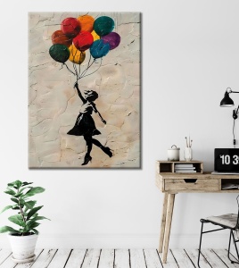 Tablou decorativ canvas model fetita cu baloane, 70x100 cm, panza/lemn, multicolor - Verificat A · Re-Bloom - Img 4