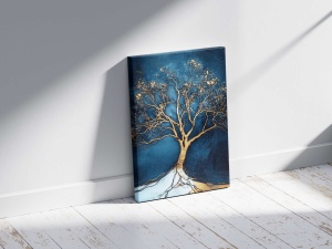 Tablou decorativ Re-Bloom, model copac, panza/lemn masiv, albastru/auriu, 60 x 90 cm - Img 2