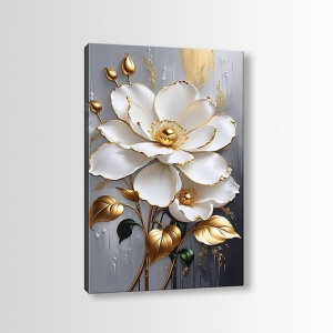 Tablou decorativ Re-Bloom, model floral, panza/lemn, gri/alb/auriu, 50 x 70 cm - Img 2