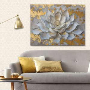 Tablou decorativ Re-Bloom, model floral, panza/lemn, gri/auriu, 70 x 100 x 3 cm - Img 3