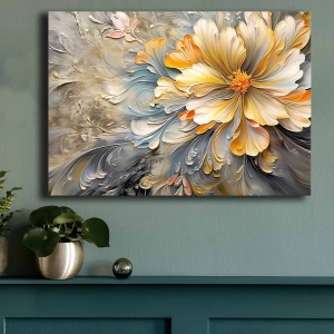 Tablou decorativ Re-Bloom, model floral, panza/lemn masiv, multicolor, 70 x 100 cm