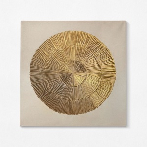 Tablou decorativ Re-Bloom, panza/lemn, auriu/alb, 100 x 100 x 3 cm
