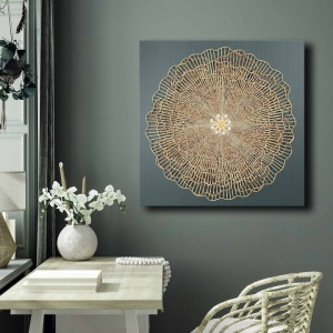 Tablou decorativ Re-Bloom, panza/lemn, auriu/gri, 70 x 70 cm - Img 3