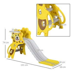 Tobogan 2in1 pentru copii tema Leu cu cos de baschet, PE, 131x50x74 cm, capacitate 25kg, galben/gri - Verificat A · Re-Bloom - Img 3