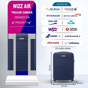 Troler cabina avion Re-bloom, Model Line, 4 roti duble cu rotatie 360°, maner telescopic, cifru, 55 x 36 x 20 cm, ABS, Bleumarin, Resigilat, Grad A - Img 2